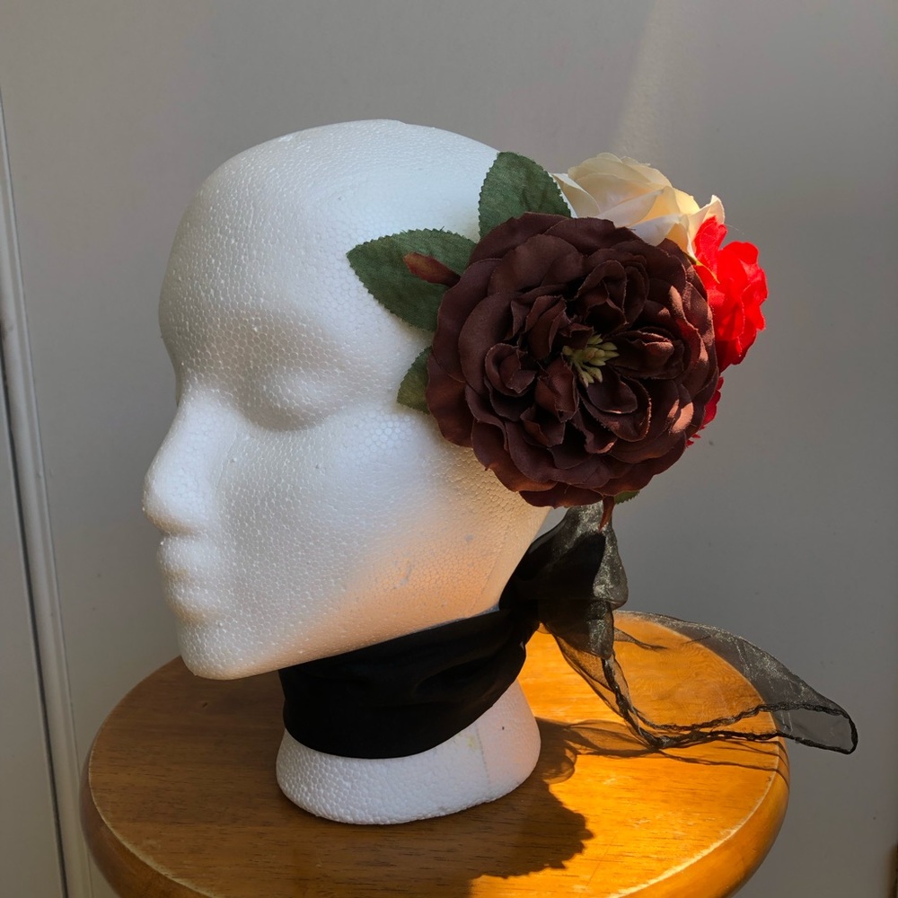 Pinup / Rockabilly Chocolate Brown , Red & Cream Hair Flower Clip